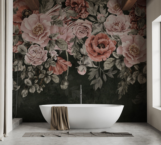 Romantic blossoms wall mural with pink roses and dark green background.