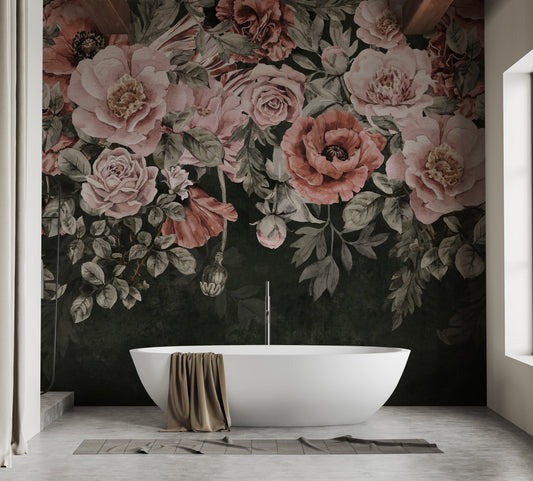 Romantic blossoms wall mural with pink roses and dark green background.