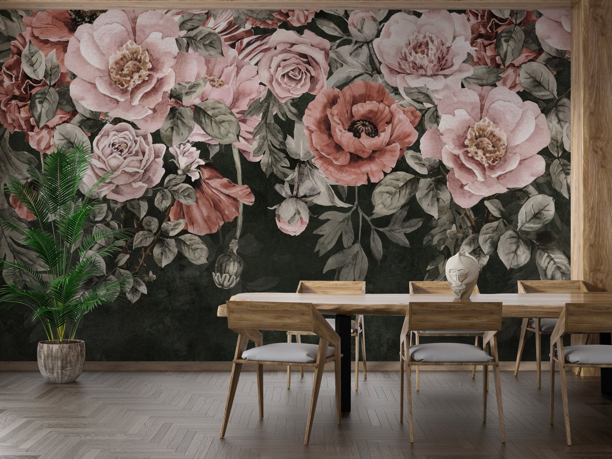 Elegant blossom wallpaper mural in deep green and pastel hues.