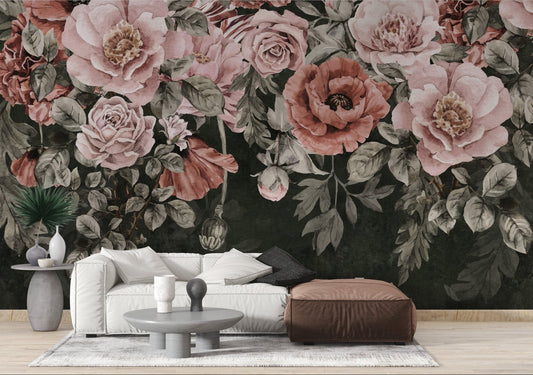 Moody floral wallpaper mural with soft pink and coral blooms.