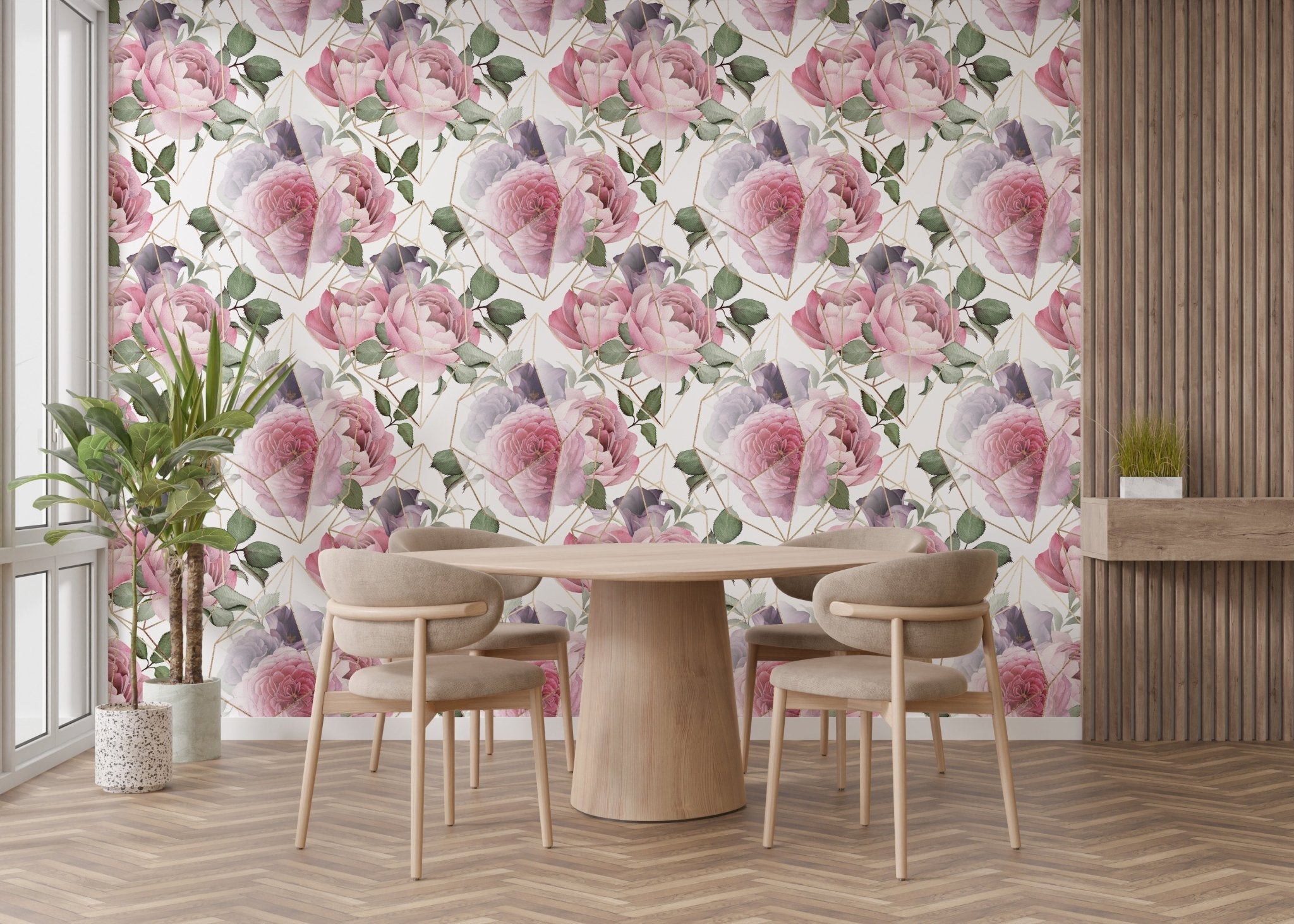 Dining set placed in front of Rosewater Floral wallpaper.
