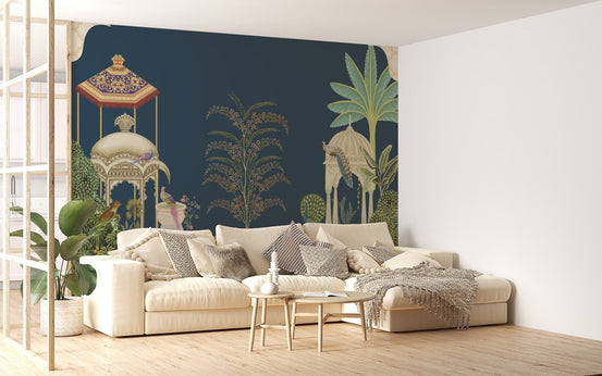 Classic lake wallpaper mural with peacocks and ornate pavilion.