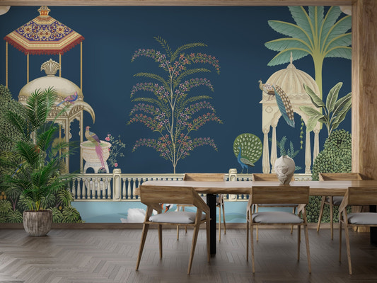 Romantic swans lake mural wallpaper with palace garden scene.