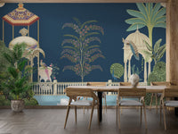 Romantic swans lake mural wallpaper with palace garden scene.