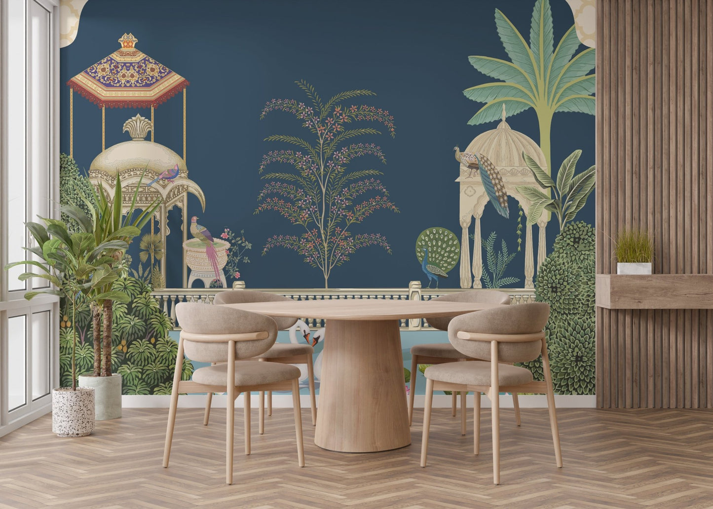 Decorative lake wall mural with birds and royal architecture.