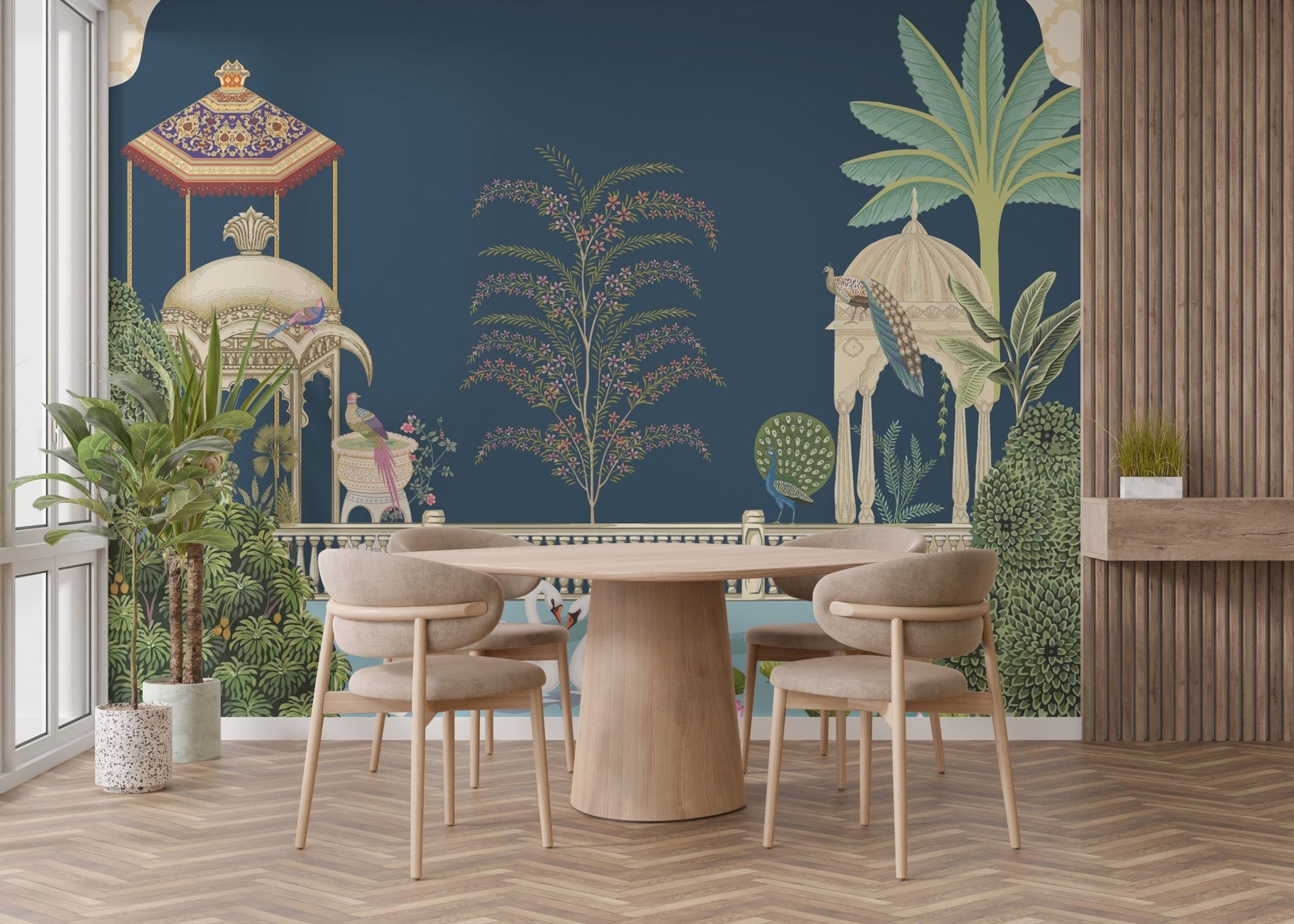 Decorative lake wall mural with birds and royal architecture.