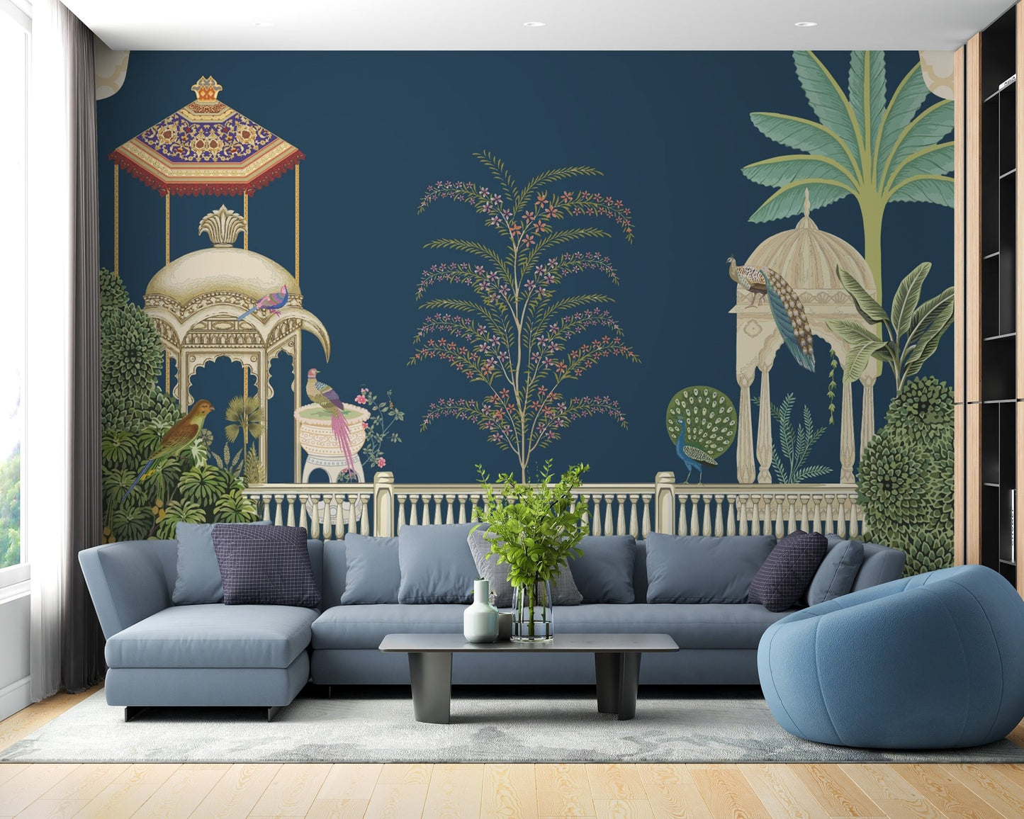 Detailed wallpaper mural with peacock, swans and balcony design.