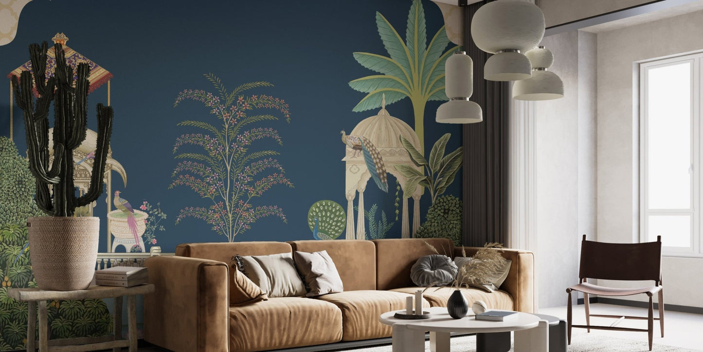 Romantic swans lake wall mural in navy and soft green color.