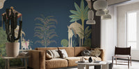 Romantic swans lake wall mural in navy and soft green color.