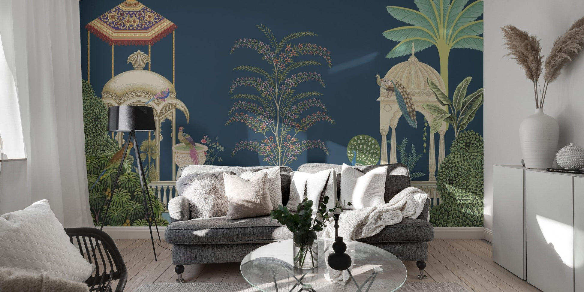 Elegant wall mural featuring swans on blue lake with florals.