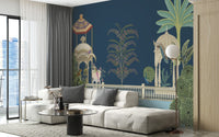 Scenic wallpaper mural with swans, lotus flowers and trees.