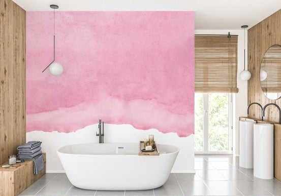 Romantic Watercolor Pink Shades Wall Mural in a bathroom with a white tub.