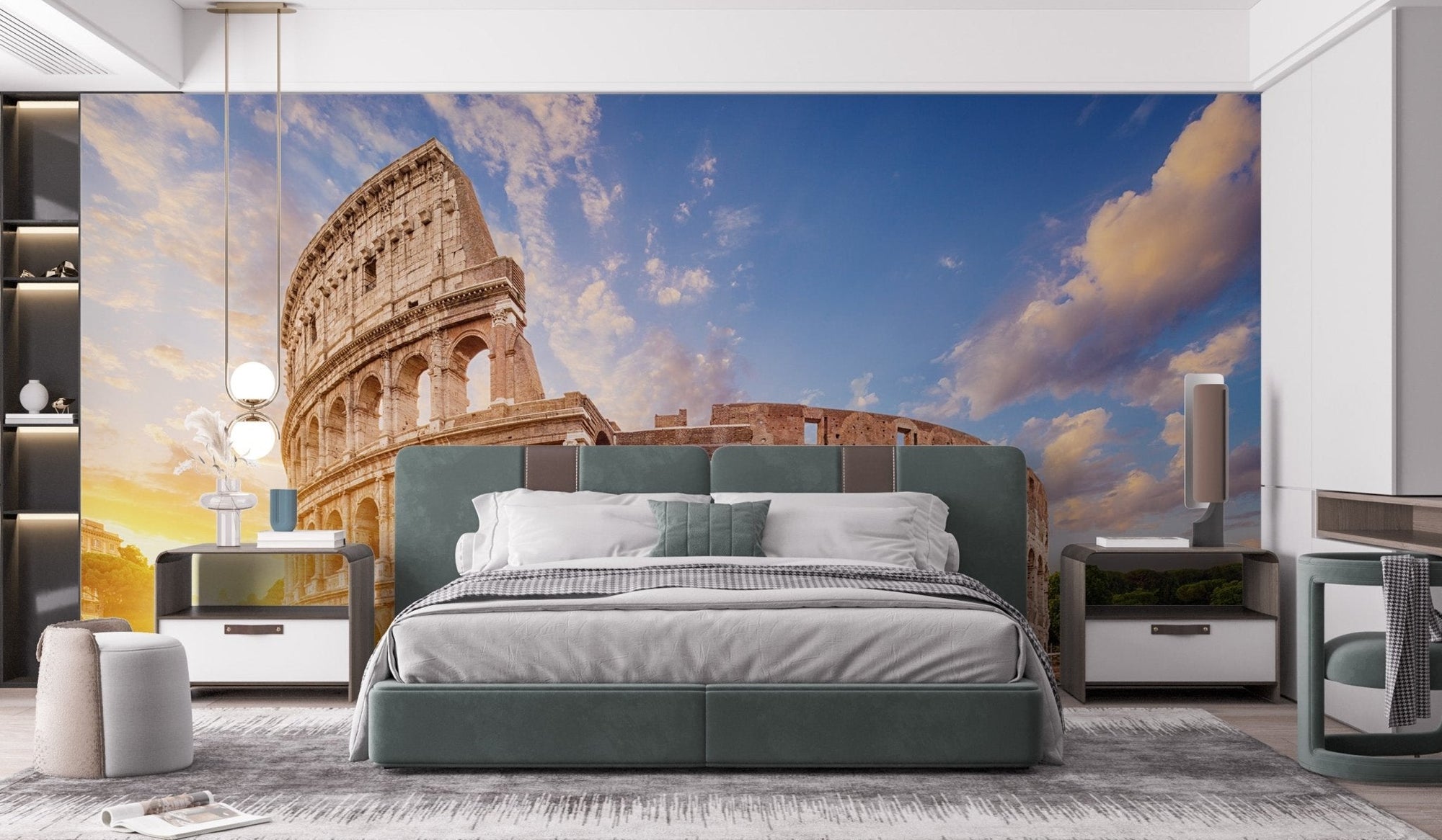 Rome's majestic ruins wall mural with golden sunset tones for bedroom interior.