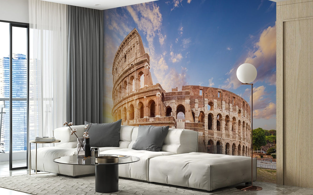 Rome ruins mural wallpaper featuring arches and blue sky.