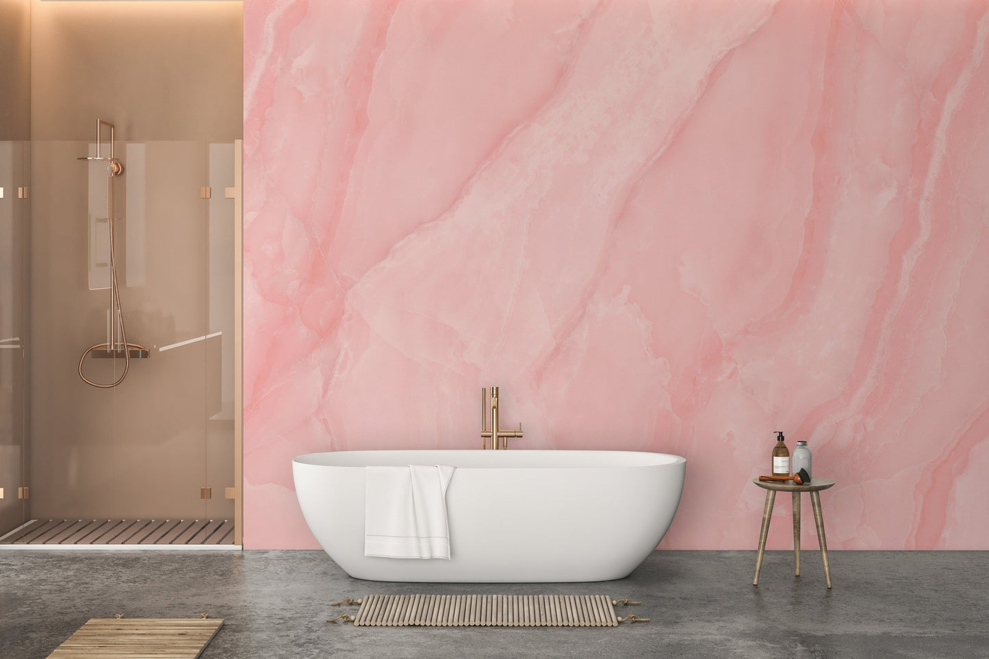 Wall mural featuring rose quartz marble for sophisticated bathroom decor.

