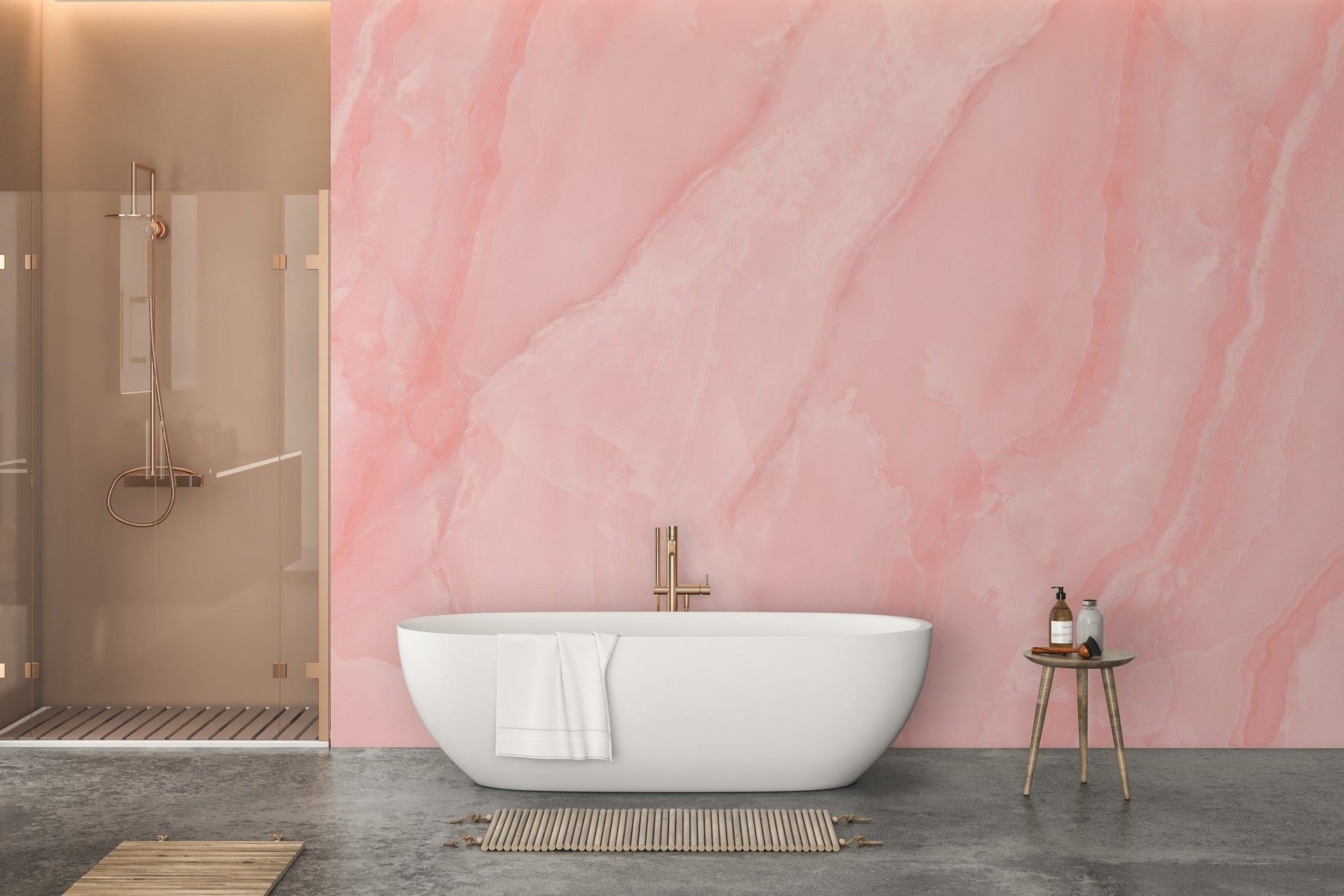 Wall mural featuring rose quartz marble for sophisticated bathroom decor.
