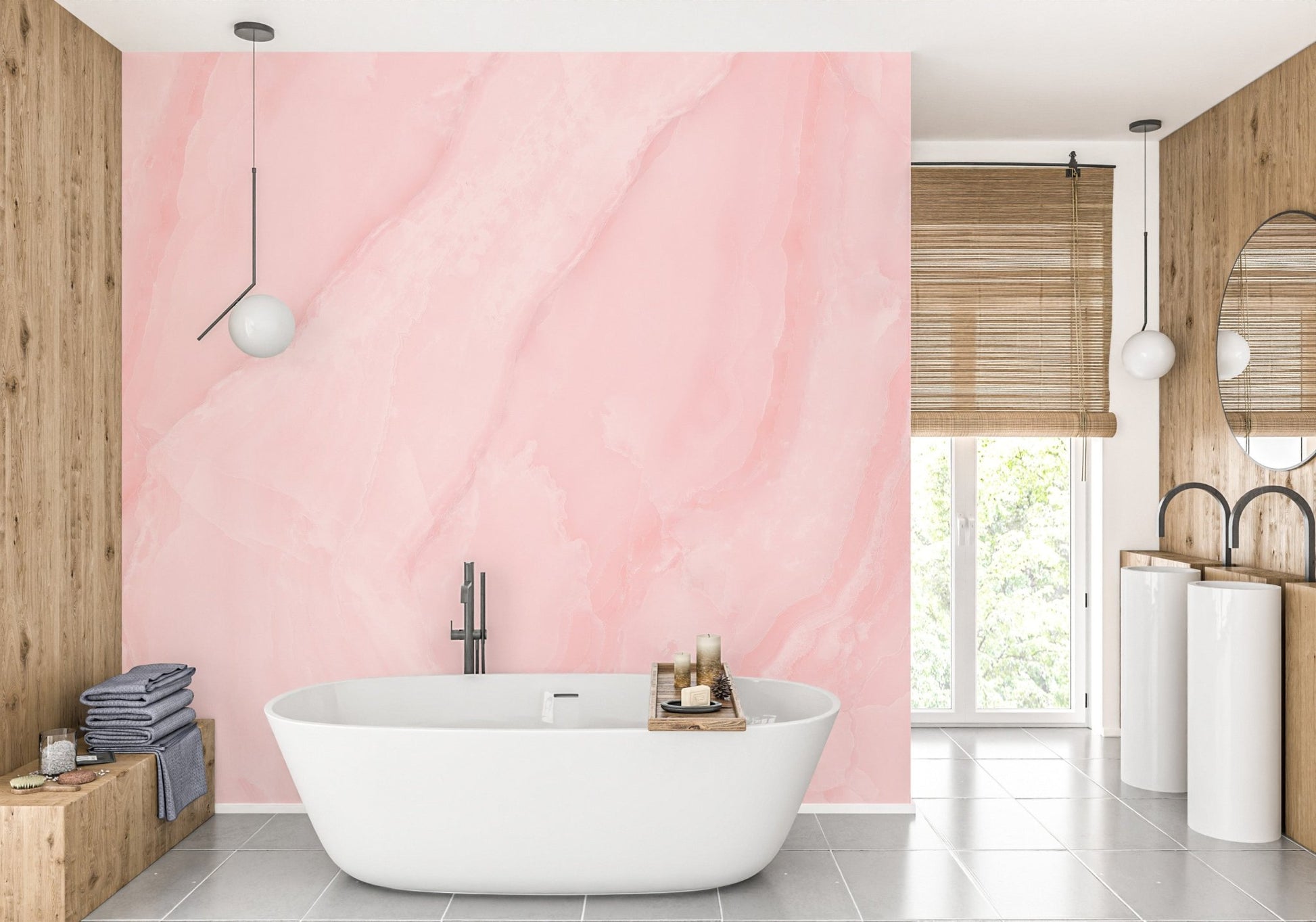 Artistic rose quartz mural showcasing luxurious marble patterns in washroom.
