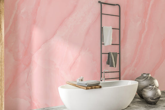 Rose quartz marble wall mural with soft pink veining design in bathroom
