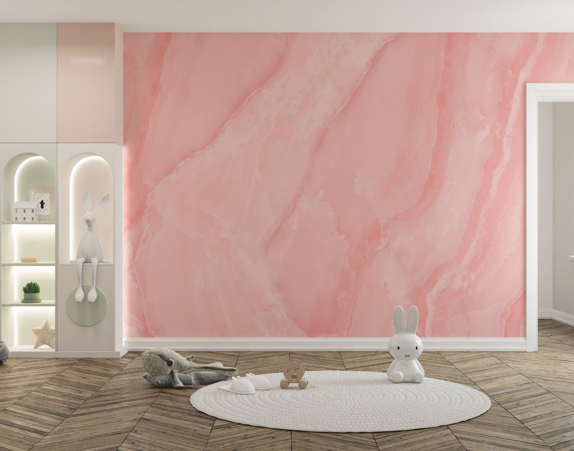 Marble-effect mural in rose quartz tones for refined kids room interiors.
