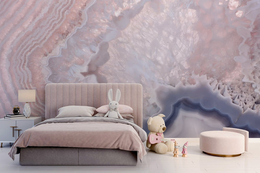 Rose quartz geode texture wall mural in blush pink and milky white.