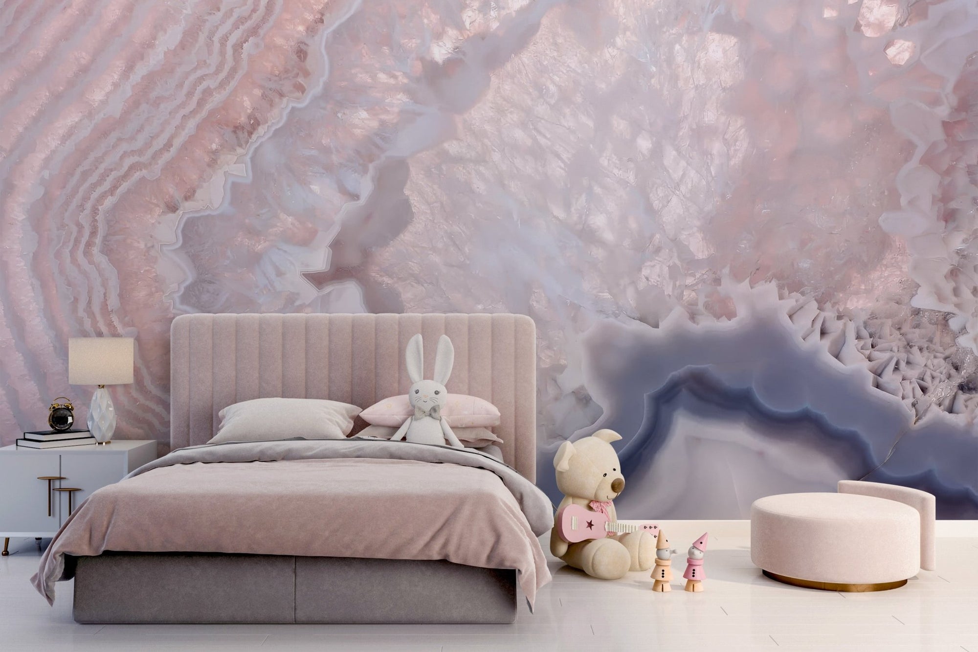Rose quartz geode texture wall mural in blush pink and milky white.