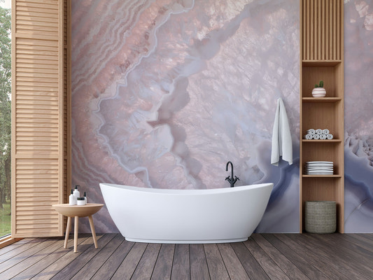 Rose quartz mineral banding wallpaper mural in pastel pink tones.