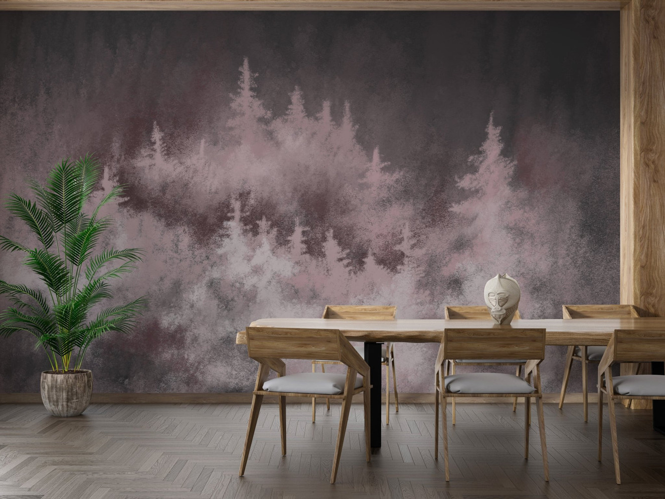 Elegant woodland wall mural featuring rose-hued scenery in dining space.