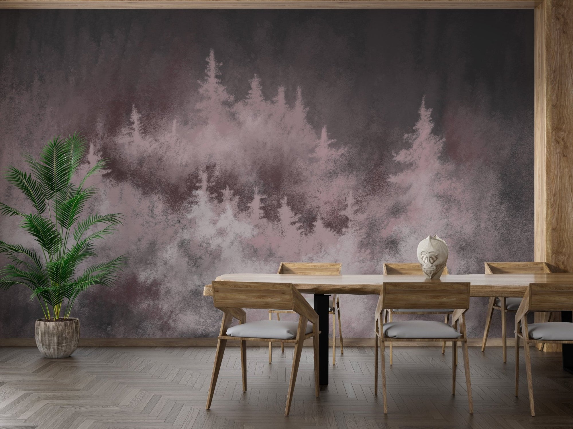 Elegant woodland wall mural featuring rose-hued scenery in dining space.