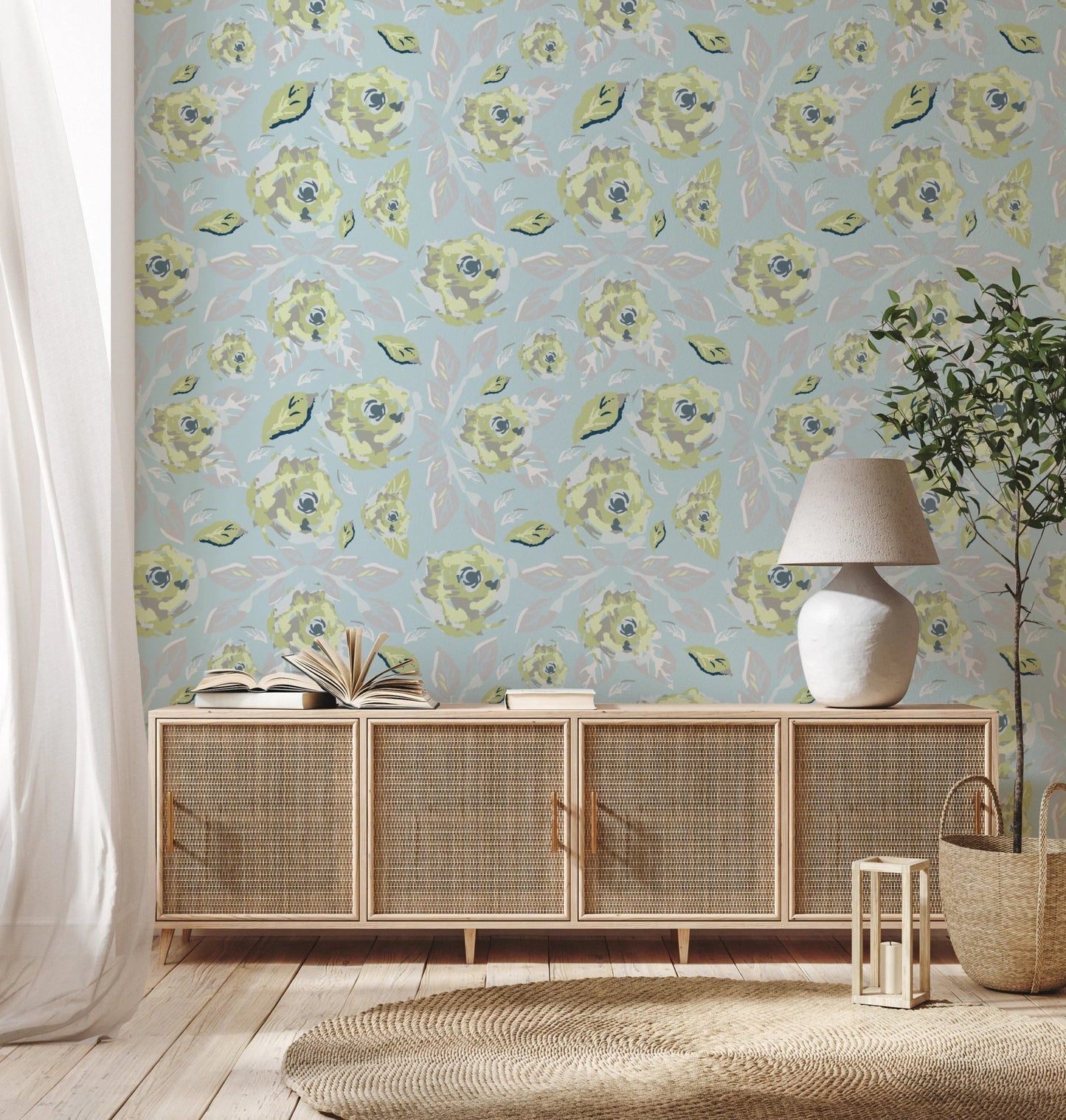 Botanical wallpaper in modern living room corner.