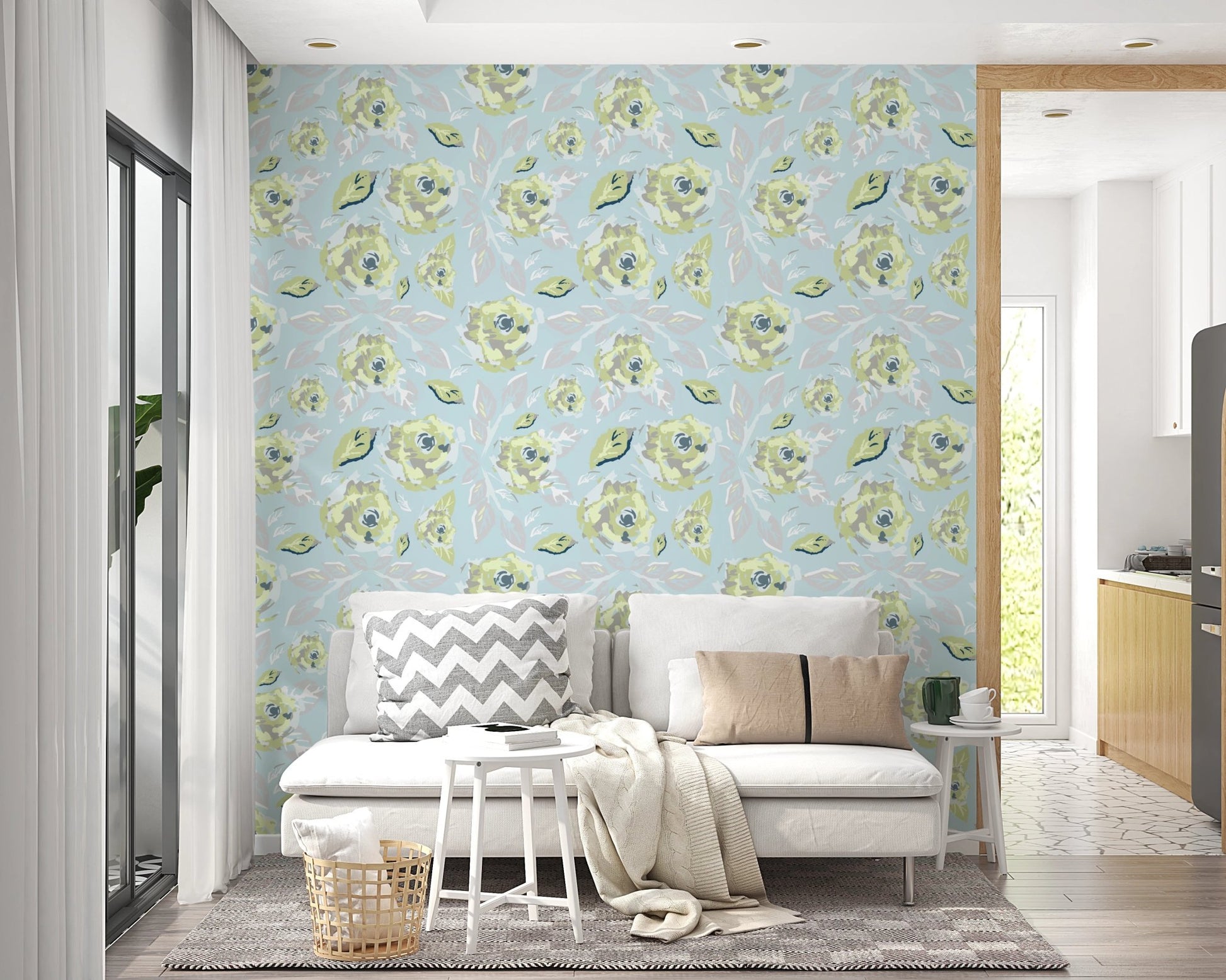 Roses wallpaper on a feature wall in a small studio apartment.