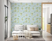 Roses wallpaper on a feature wall in a small studio apartment.
