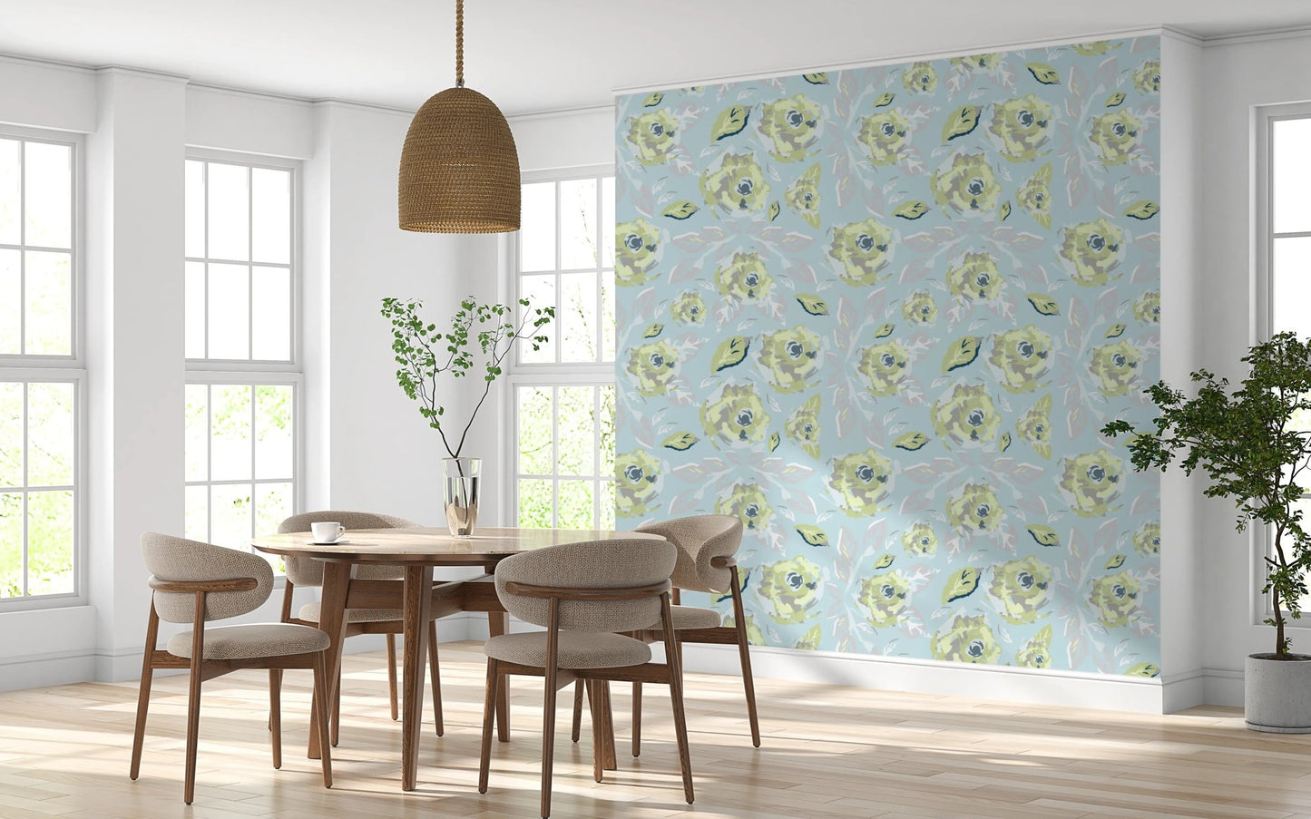 Botanical rose wallpaper in a minimalist dining area.