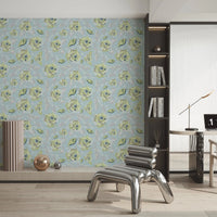 Grey and yellow botanical wallpaper in a office.