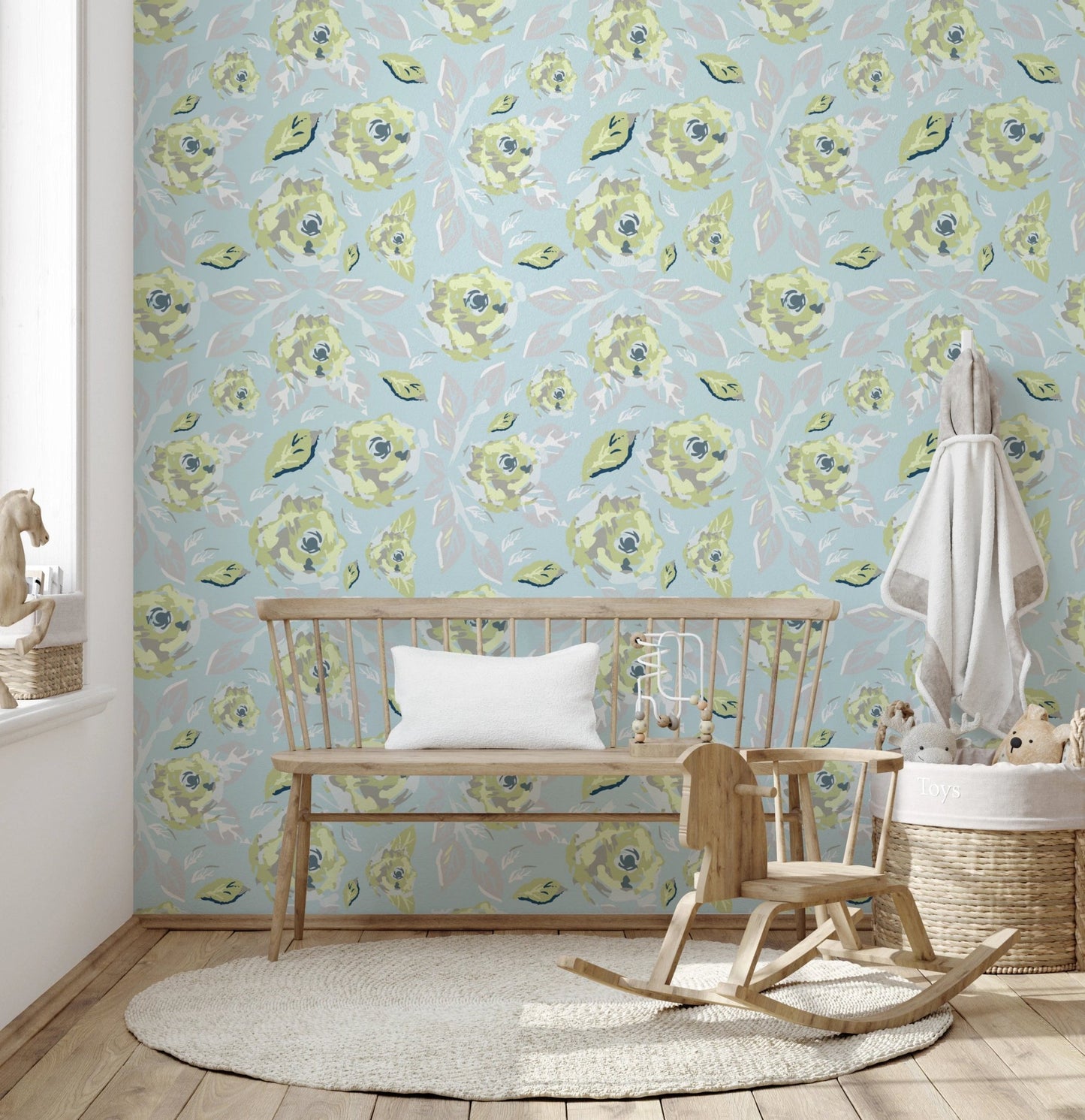 Roses Botanical Wallpaper in a nursery interior.