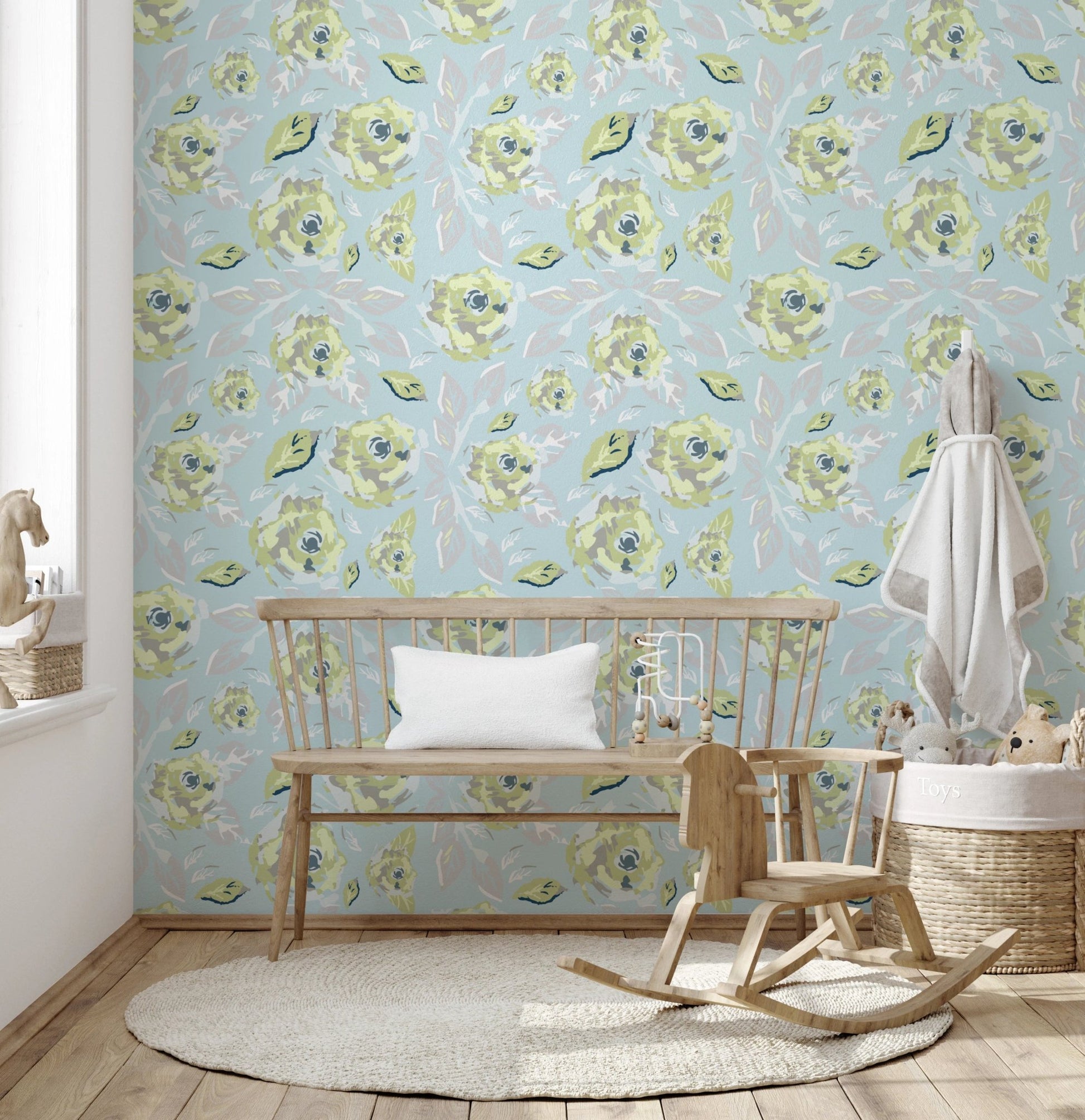 Roses Botanical Wallpaper in a nursery interior.