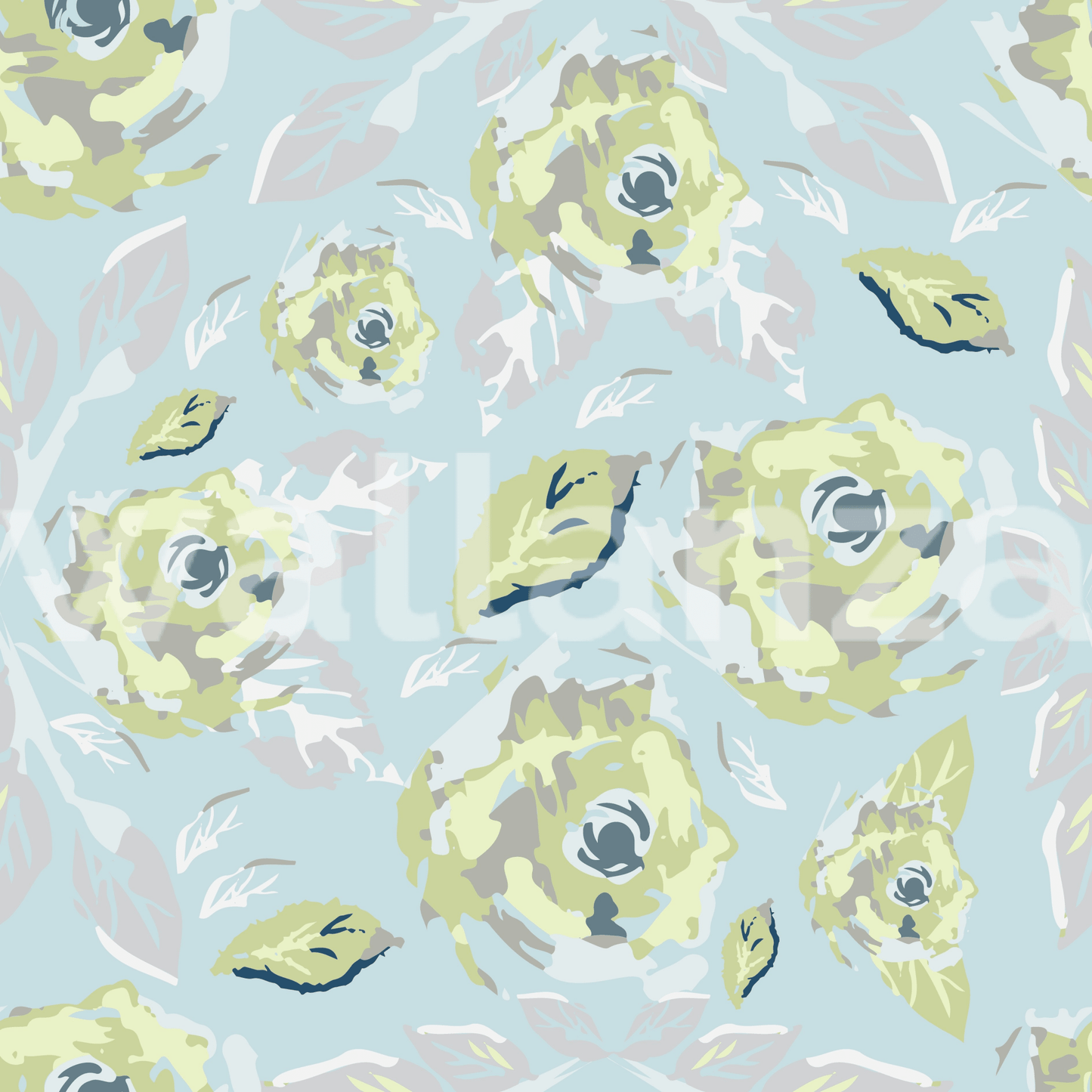 Botanical wallpaper showing a detailed repeat pattern of yellow flowers.