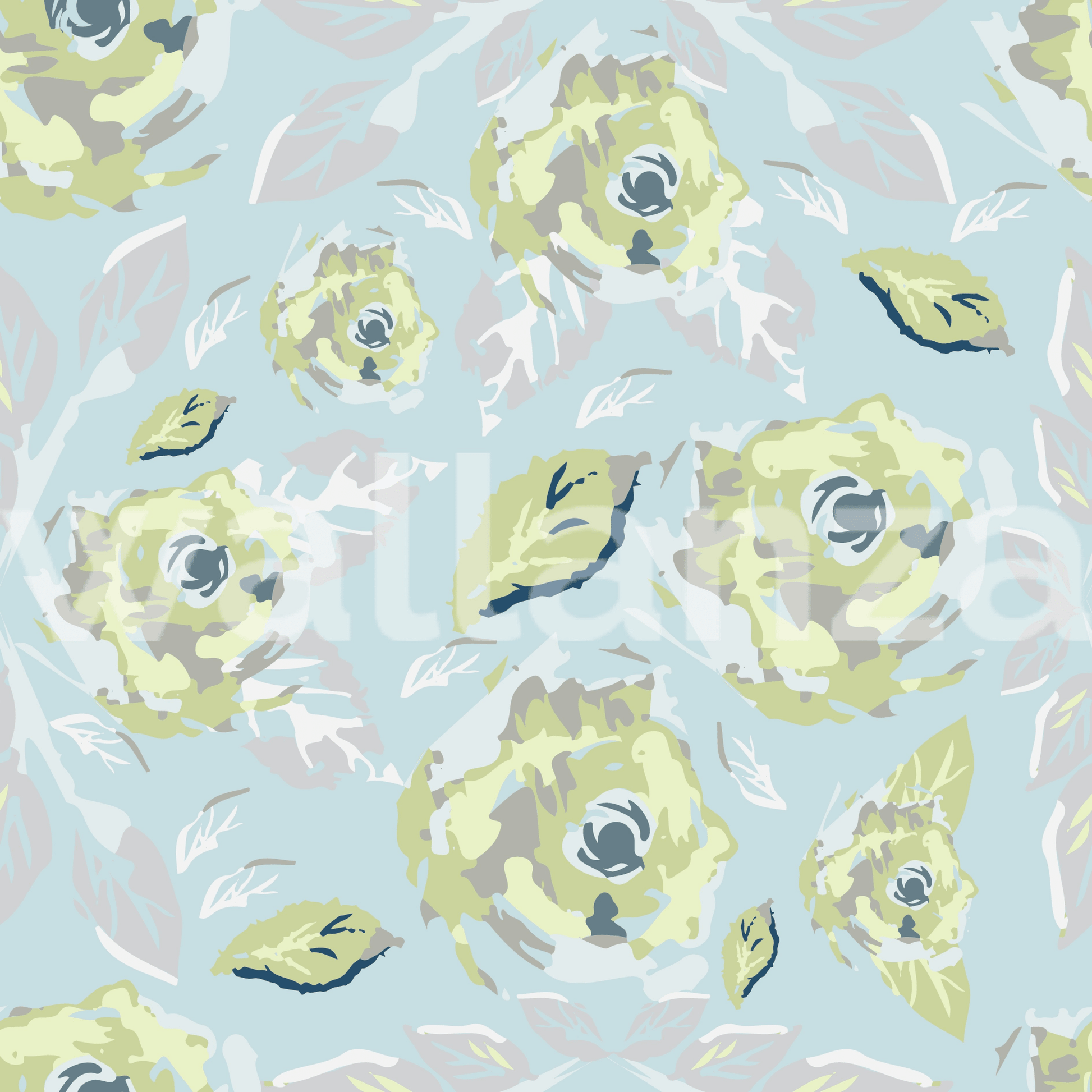 Botanical wallpaper showing a detailed repeat pattern of yellow flowers.
