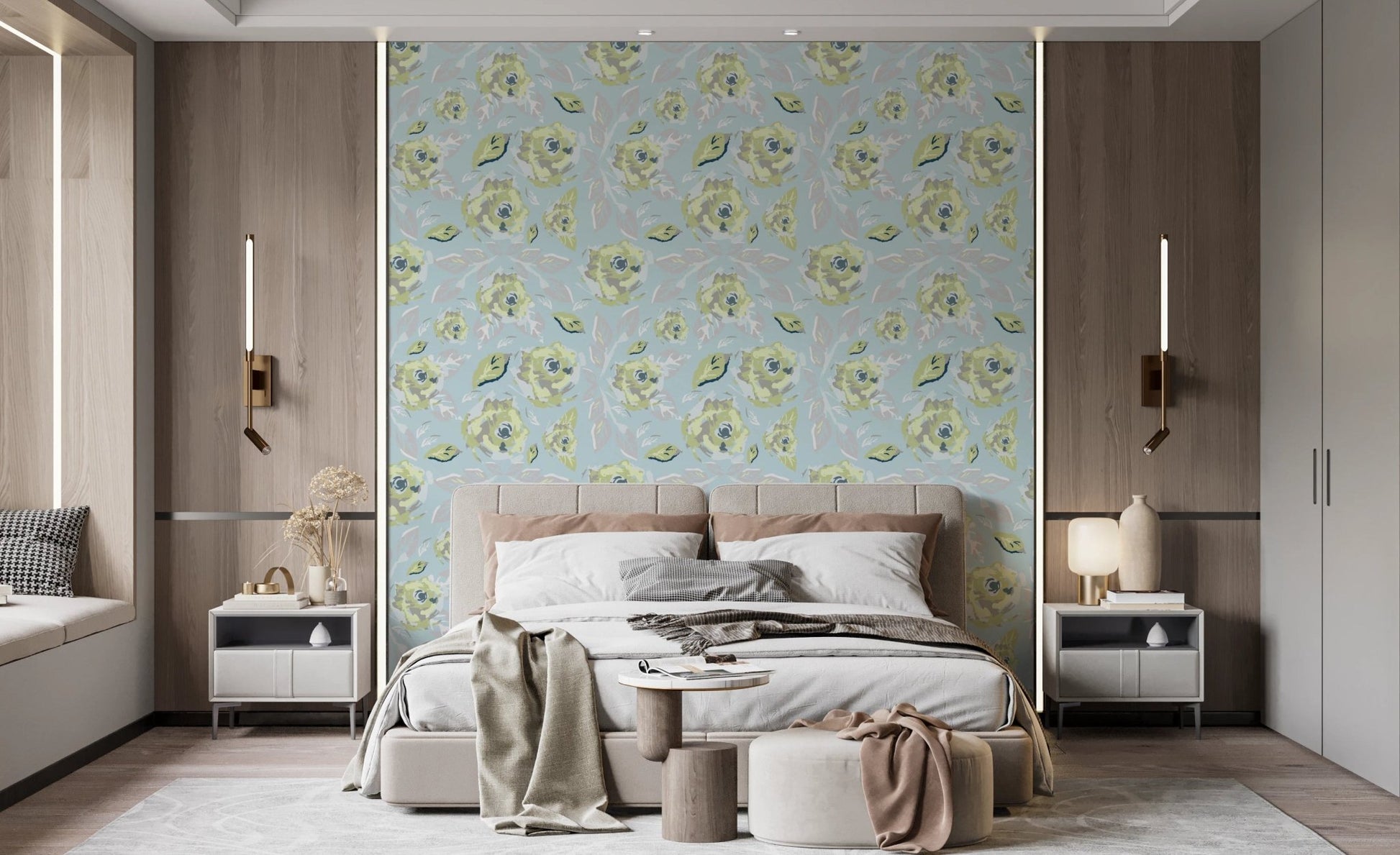 Pastel blue botanical wallpaper in modern bedroom.