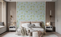 Pastel blue botanical wallpaper in modern bedroom.