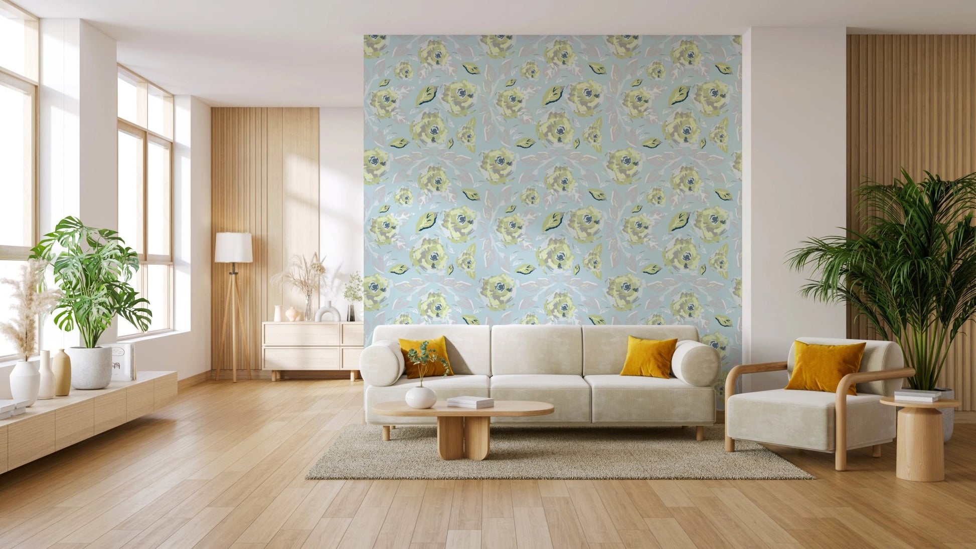 Roses Botanical Wallpaper in a bright living room.