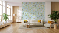 Roses Botanical Wallpaper in a bright living room.