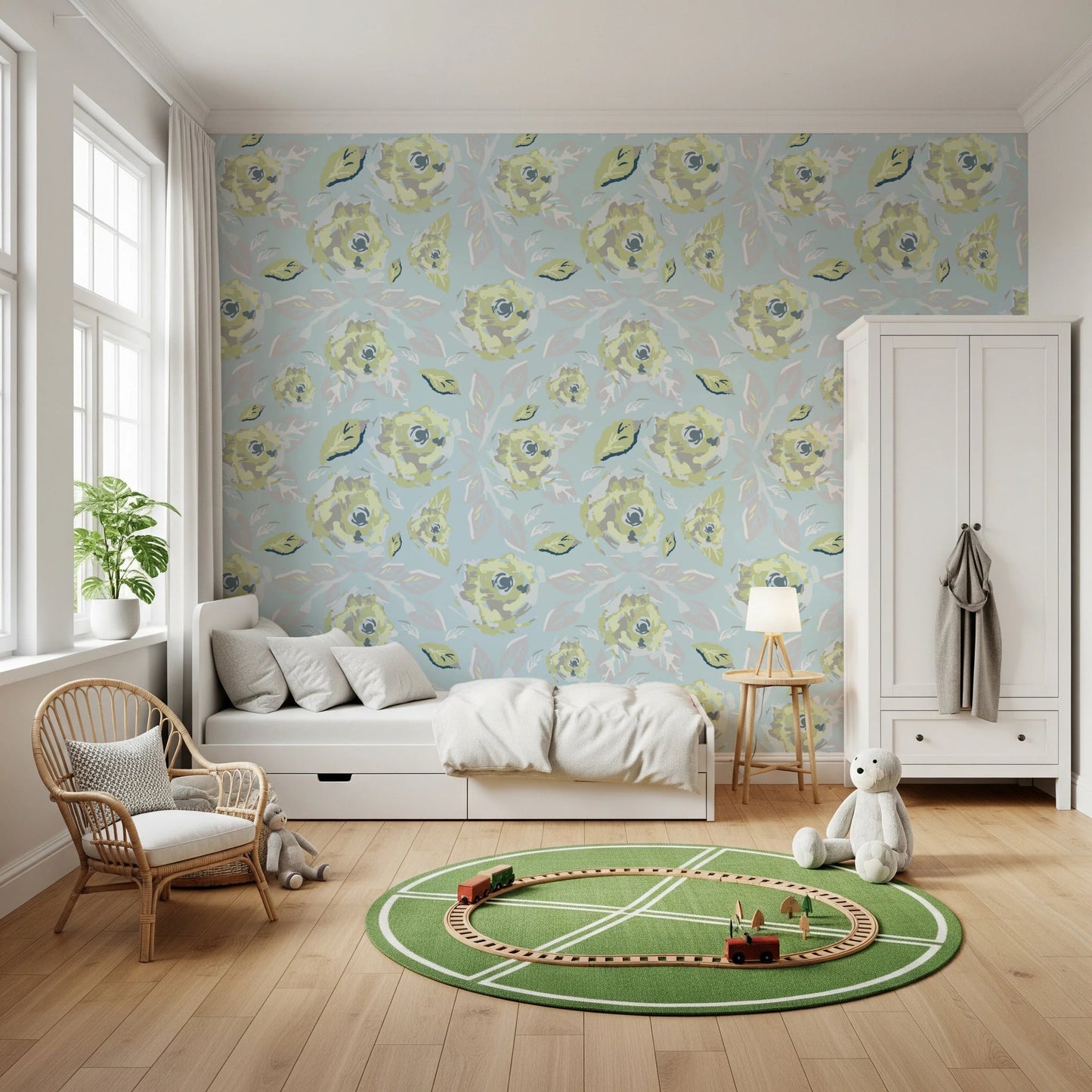 Roses Botanical Wallpaper in a child’s bedroom