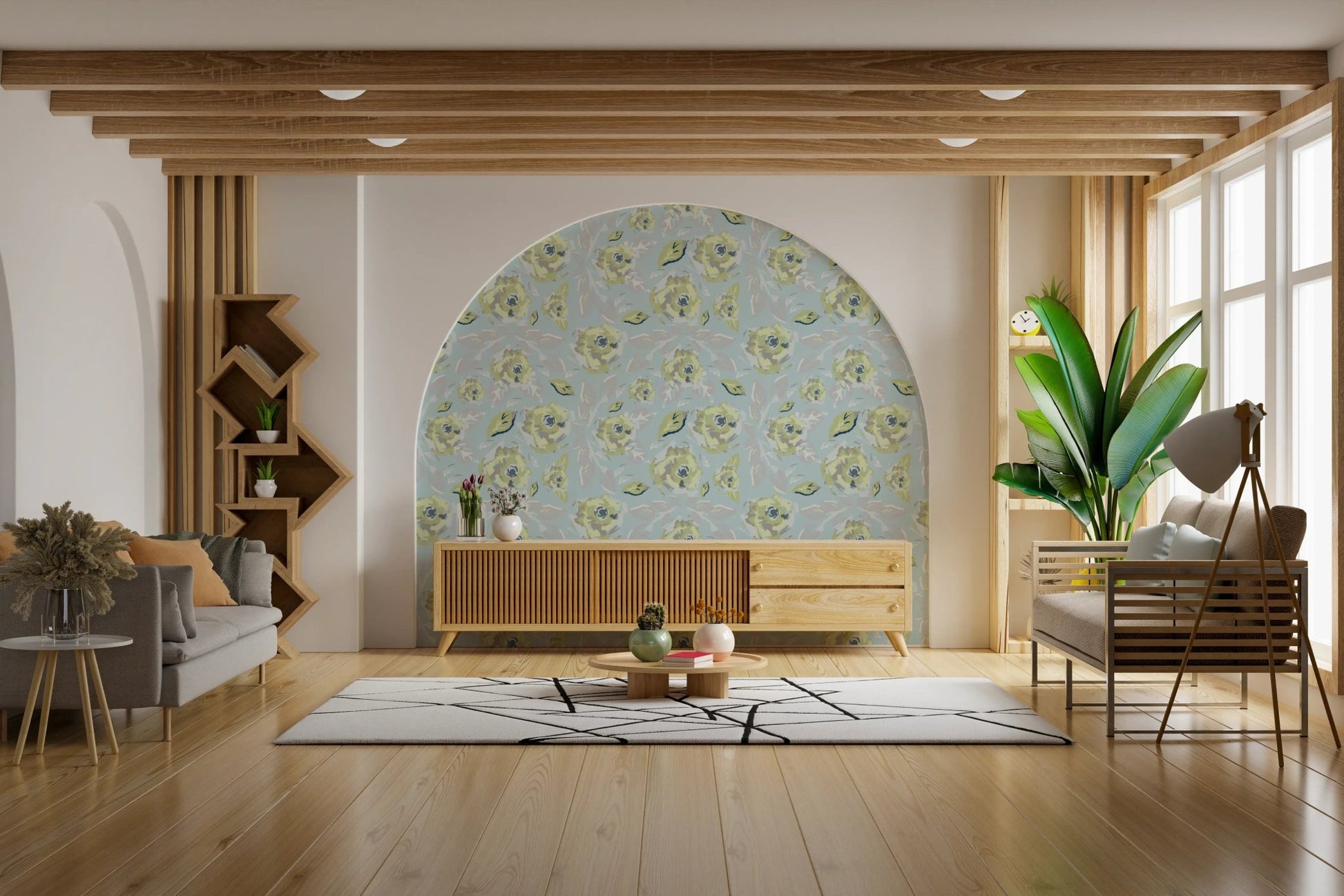 Mint green botanical wallpaper inside a modern arched wall niche.