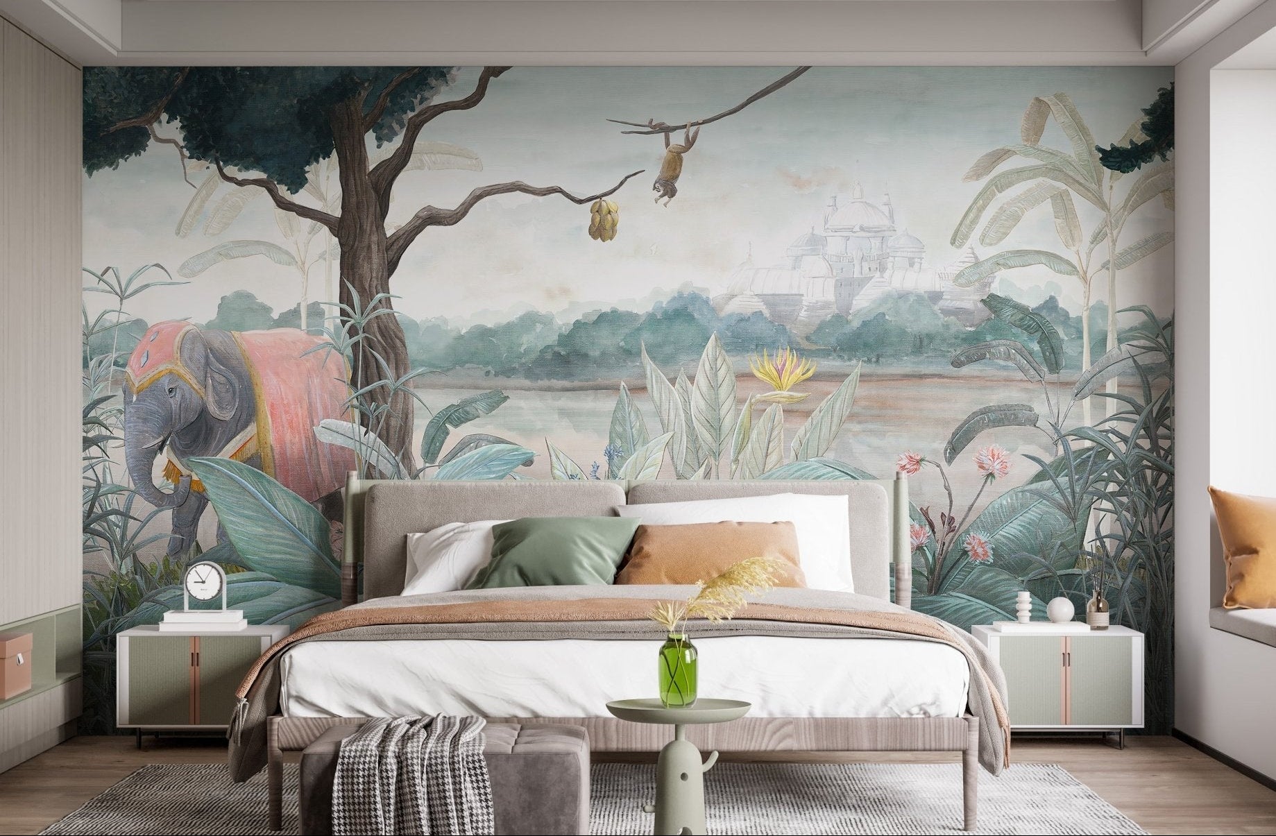 Royal Elephant Wall Mural in modern bedroom.