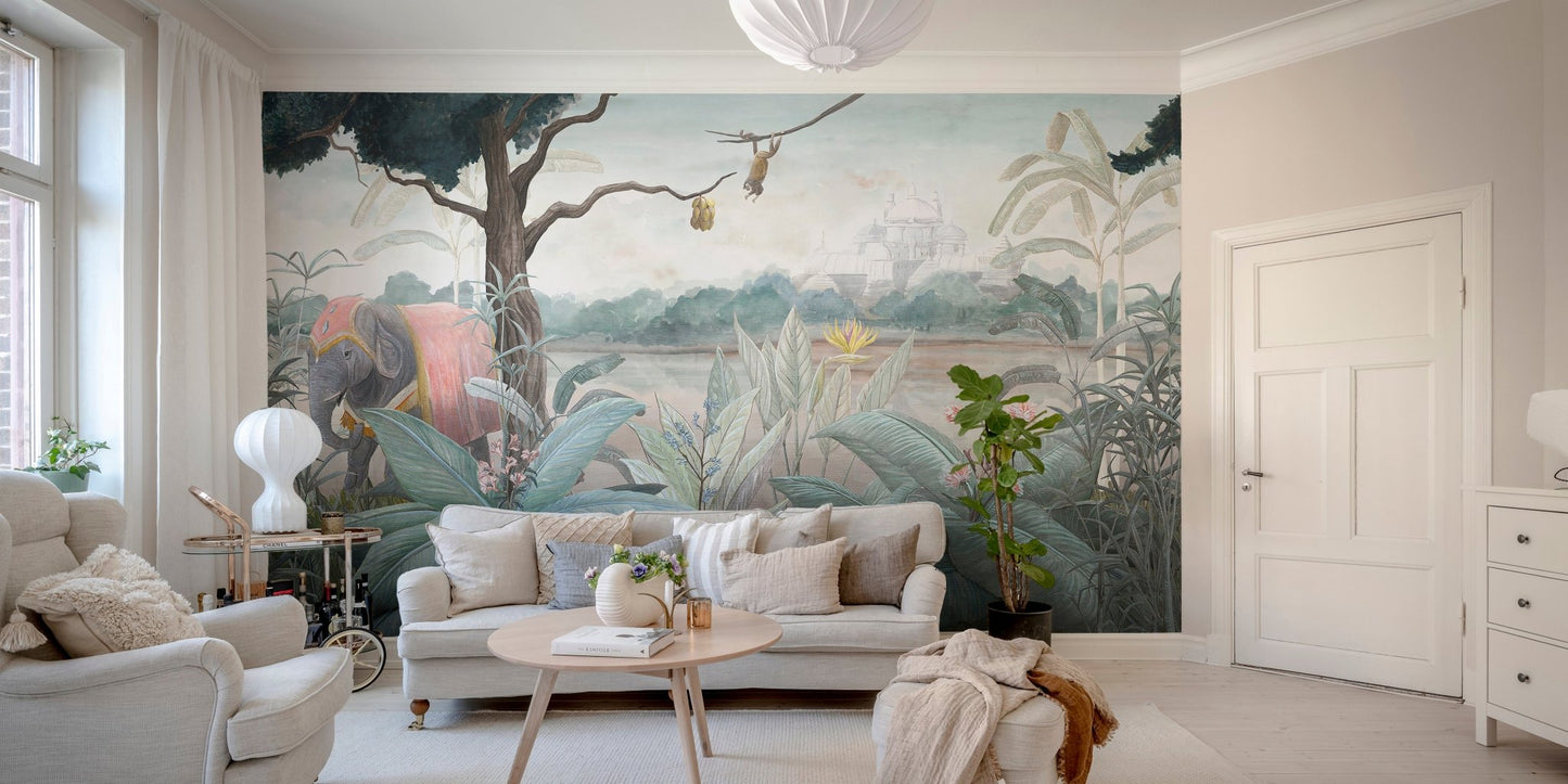 Watercolor Elephant Wall mural in minimalist living room.