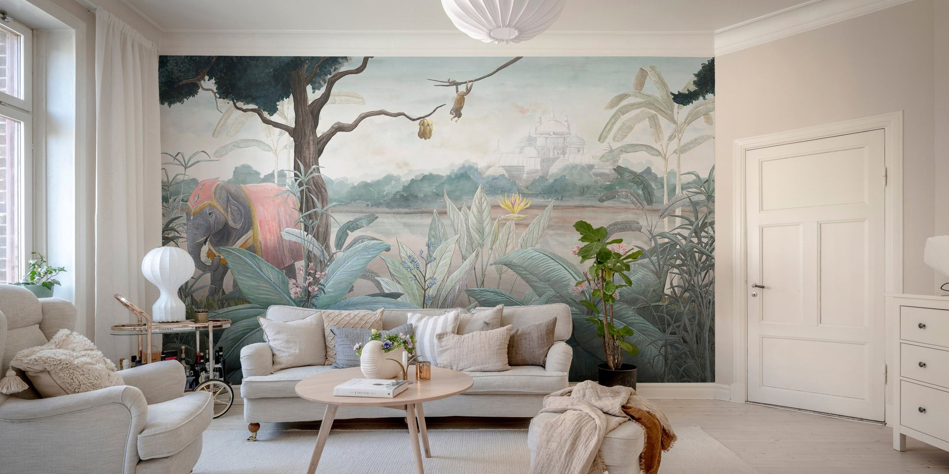 Watercolor Elephant Wall mural in minimalist living room.