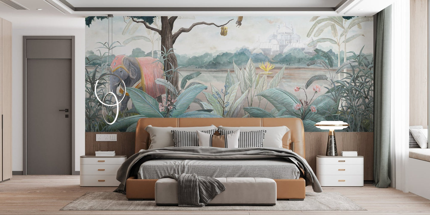 Elephant Watercolor Wall Mural in large bedroom.