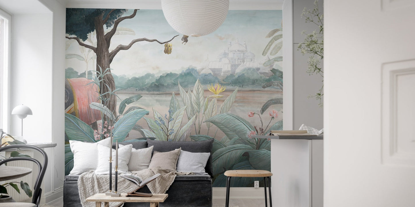 Royal Elephant Mural Print in small living room.