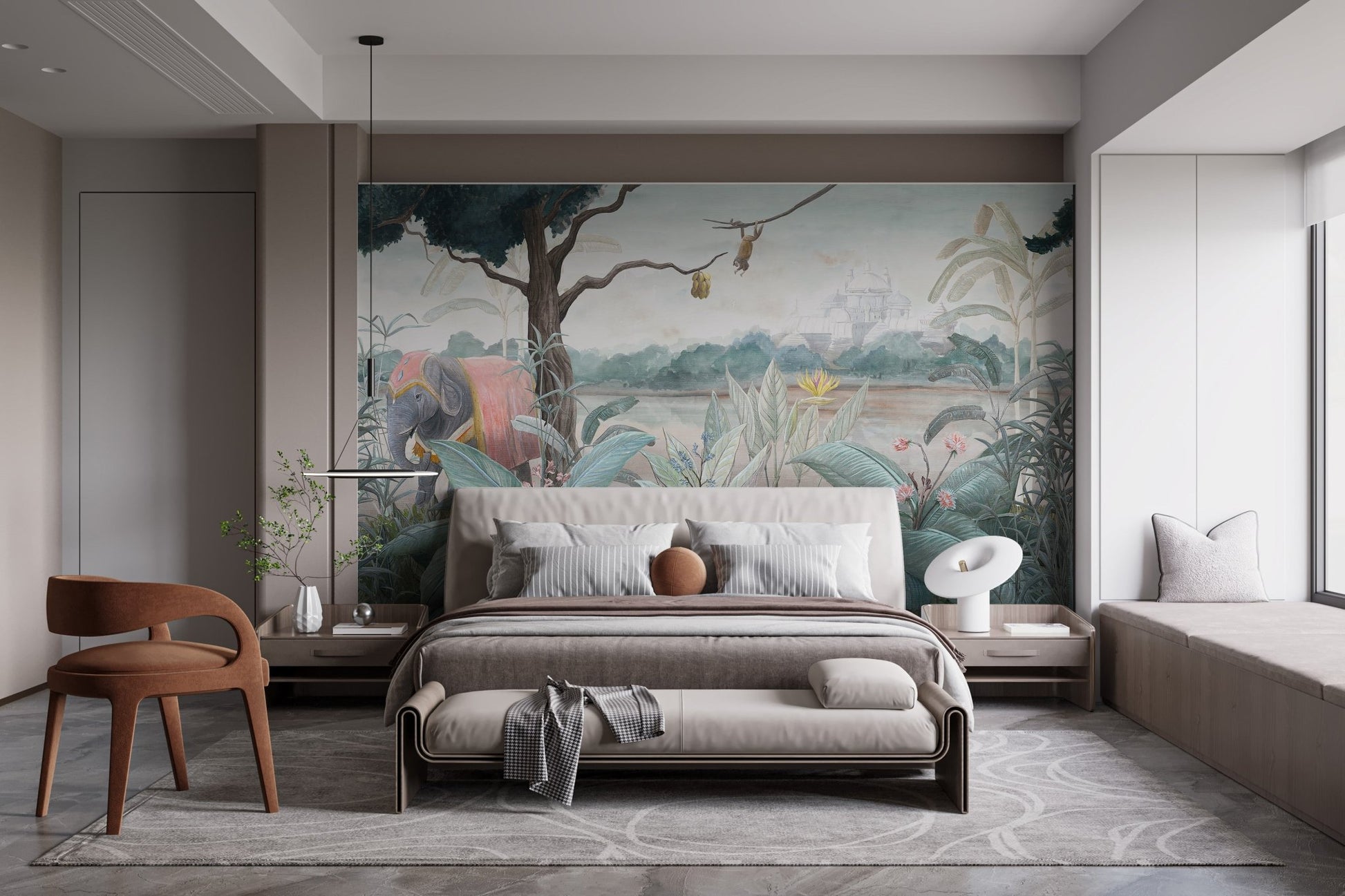 Elephant Watercolor Wall mural Design in master bedroom.