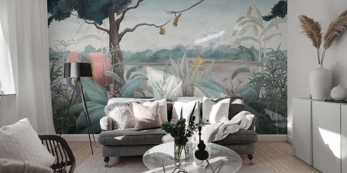 Elephant-Themed Wall Mural in sunlit living area.